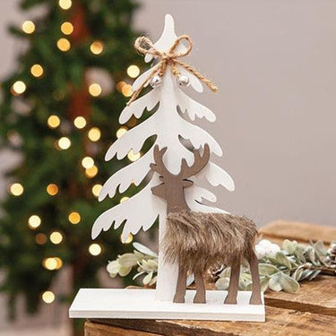 Winter Tree and Deer Cutout Wood Sitter - The Fox Decor